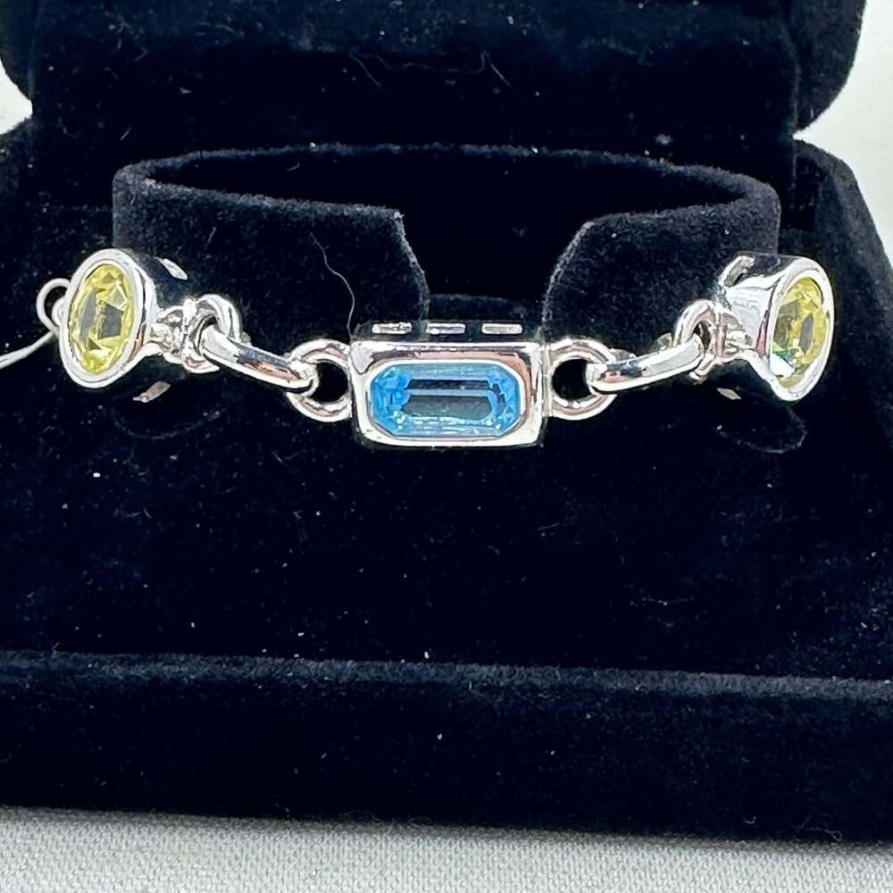 Monet Silver Luxe Blue Yellow Stone Link Bracelet 7” NWT